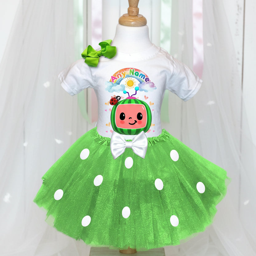 CoComelon TV Tutu Set Girls Personalized Custom Green White Polka Dots Tutu Outfit Dress Theme Cake Smash Party