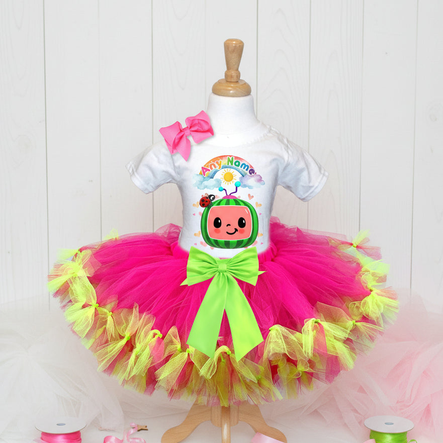 CoComelon TV Tutu Set Girls Personalized Custom Hot Pink Lime Green Knots Tutu Outfit Dress Theme Cake Smash Party