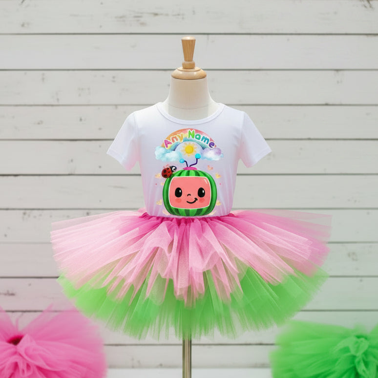 CoComelon TV Tutu Set Girls Personalized Custom Hot Pink Green Tutu Outfit Dress Theme Cake Smash Party