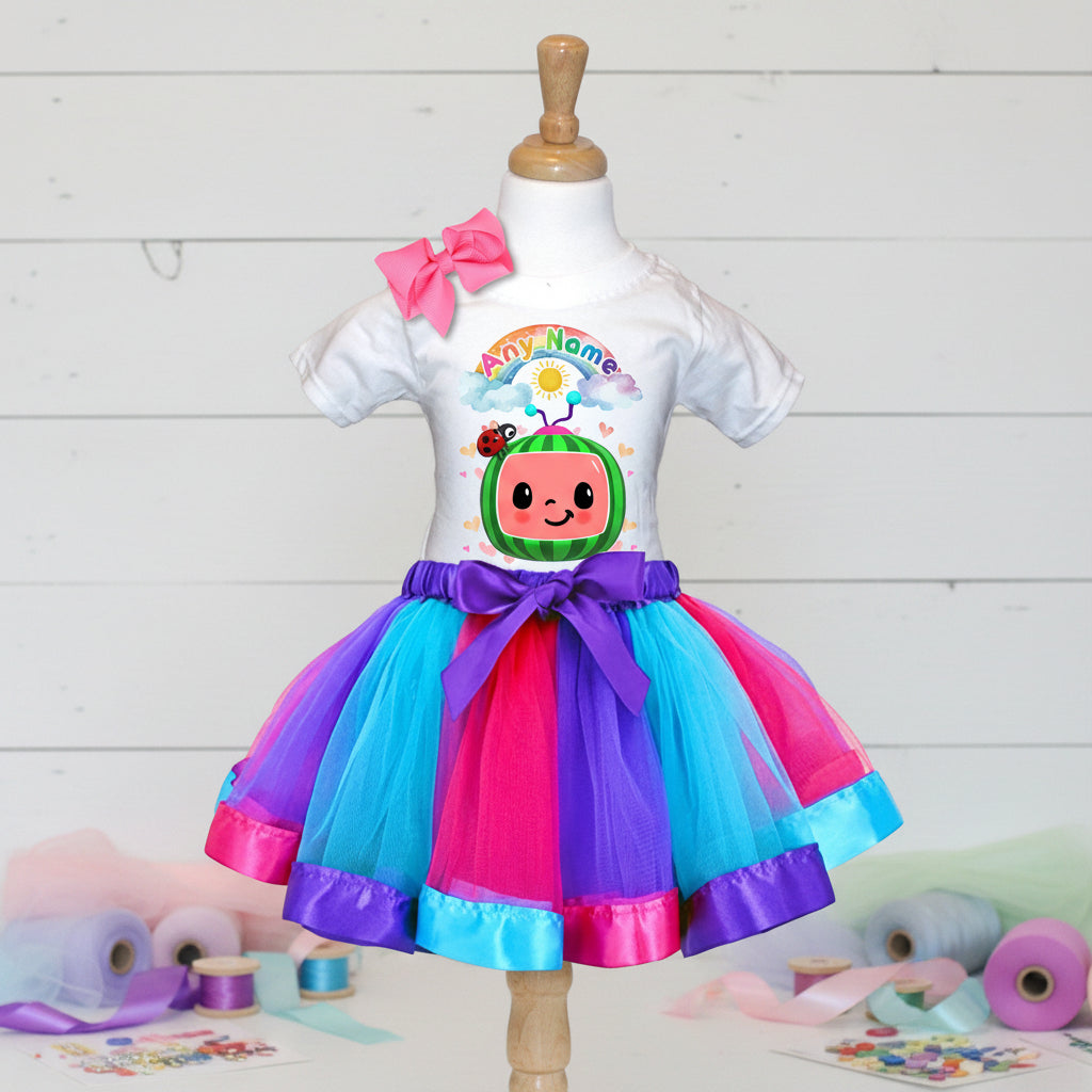CoComelon TV Tutu Set Girls Personalized Custom Hot Pink Blue Purple Ribbon Tutu Outfit Dress Theme Cake Smash Party