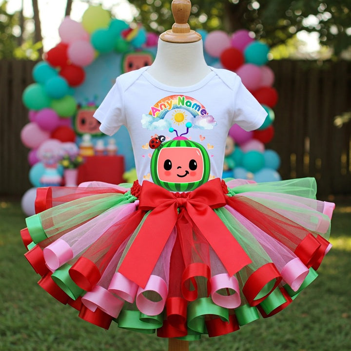 CoComelon TV Tutu Set Girls Personalized Custom Pink Red Green Ribbon Sewn Trim Tutu Outfit Dress Theme Cake Smash Party