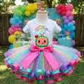 CoComelon TV Tutu Set Girls Personalized Custom Multicolor Ribbon Sewn Trim Tutu Outfit Dress Theme Cake Smash Party