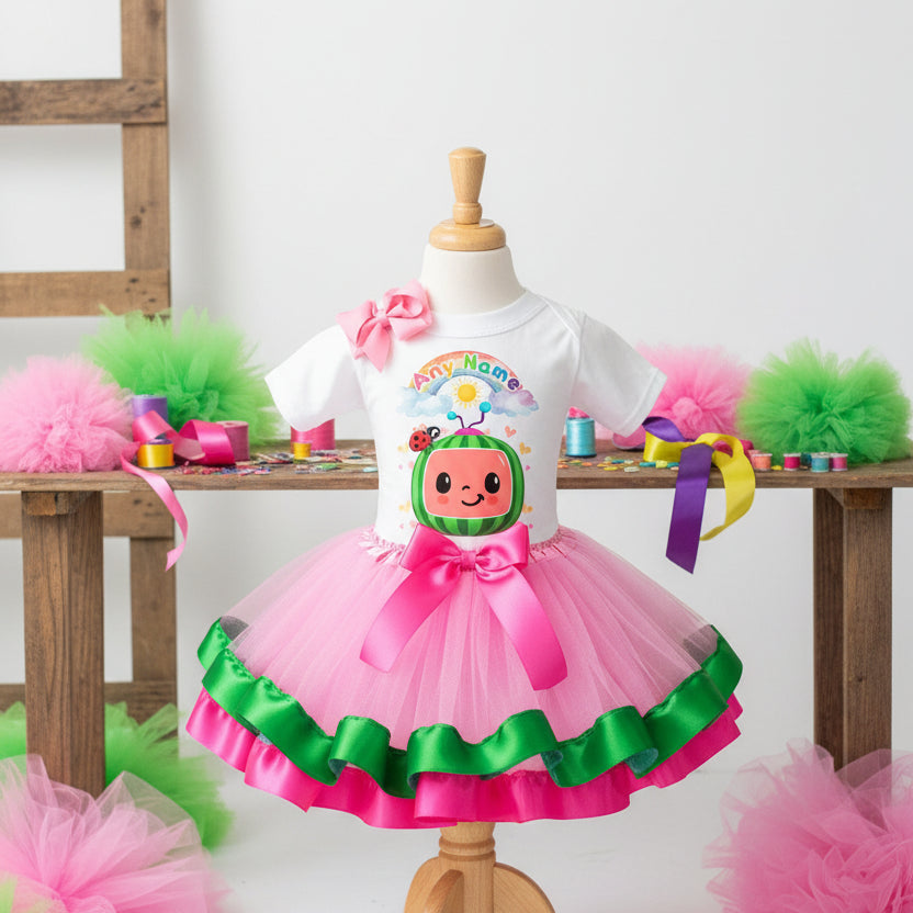 CoComelon TV Tutu Set Girls Personalized Custom Pink Green Hot Pink Ribbon Trim Tutu Outfit Dress Theme Cake Smash Party