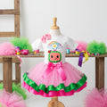 CoComelon TV Tutu Set Girls Personalized Custom Pink Green Hot Pink Ribbon Trim Tutu Outfit Dress Theme Cake Smash Party