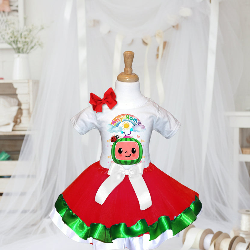 CoComelon TV Tutu Set Girls Personalized Custom Red Green White Ribbon Trim Tutu Outfit Dress Theme Cake Smash Party