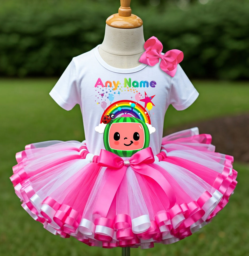 CoComelon Girls TV Melon Tutu Set Girls Personalized Custom Hot Pink White Pink Ribbon Sewn Trim Tutu Outfit Dress Theme Cake Smash Party