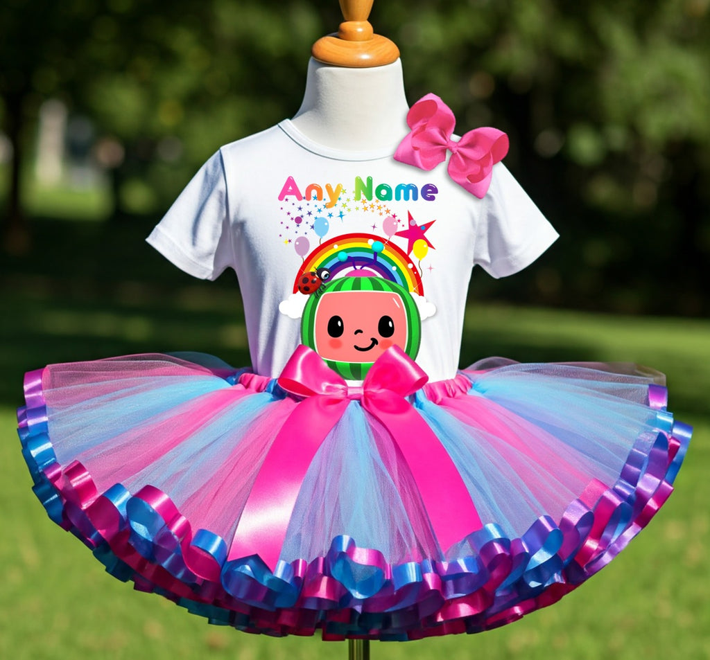 CoComelon Girls TV Melon Tutu Set Girls Personalized Custom Hot Pink Blue Purple Ribbon Sewn Trim Tutu Outfit Dress Theme Cake Smash Party