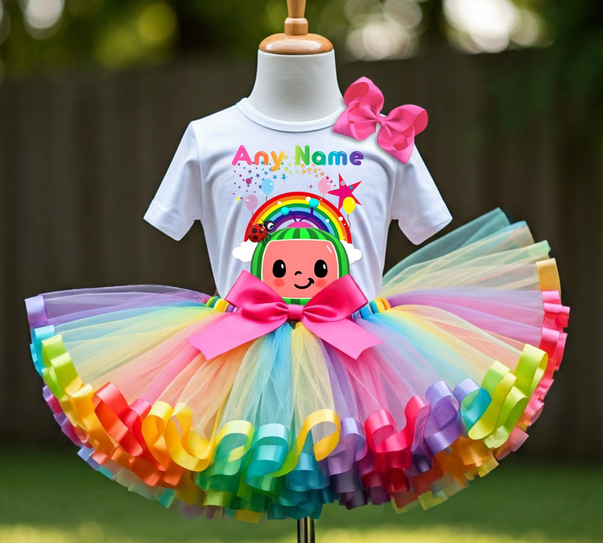 CoComelon Girls TV Melon Tutu Set Girls Personalized Custom Rainbow Ribbon Sewn Trim Tutu Outfit Dress Theme Cake Smash Party