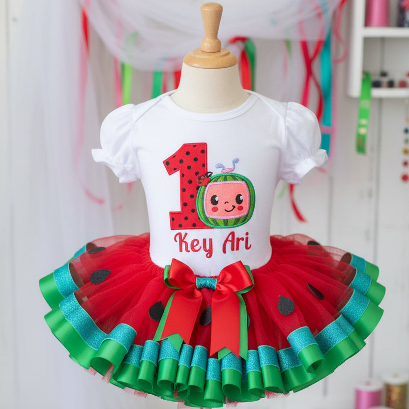 CoComelon TV Watermelon Tutu Set Girls Personalized Custom Red Green Ribbon Sewn Trim Tutu Outfit Dress Theme Cake Smash Birthday Party