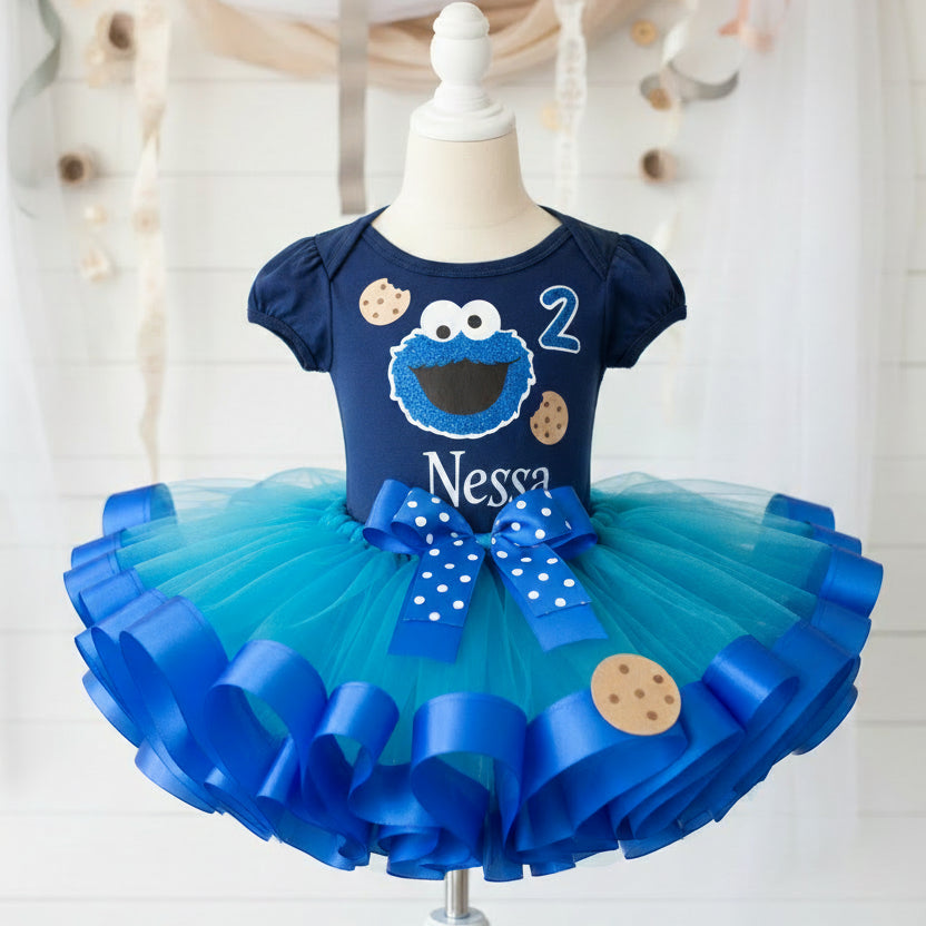 Sesame Street Cookie Monster Face Tutu Set Girls Personalized Custom Blue Ribbon Sewn Trim Tutu Outfit Dress Theme Cake Smash Birthday Party
