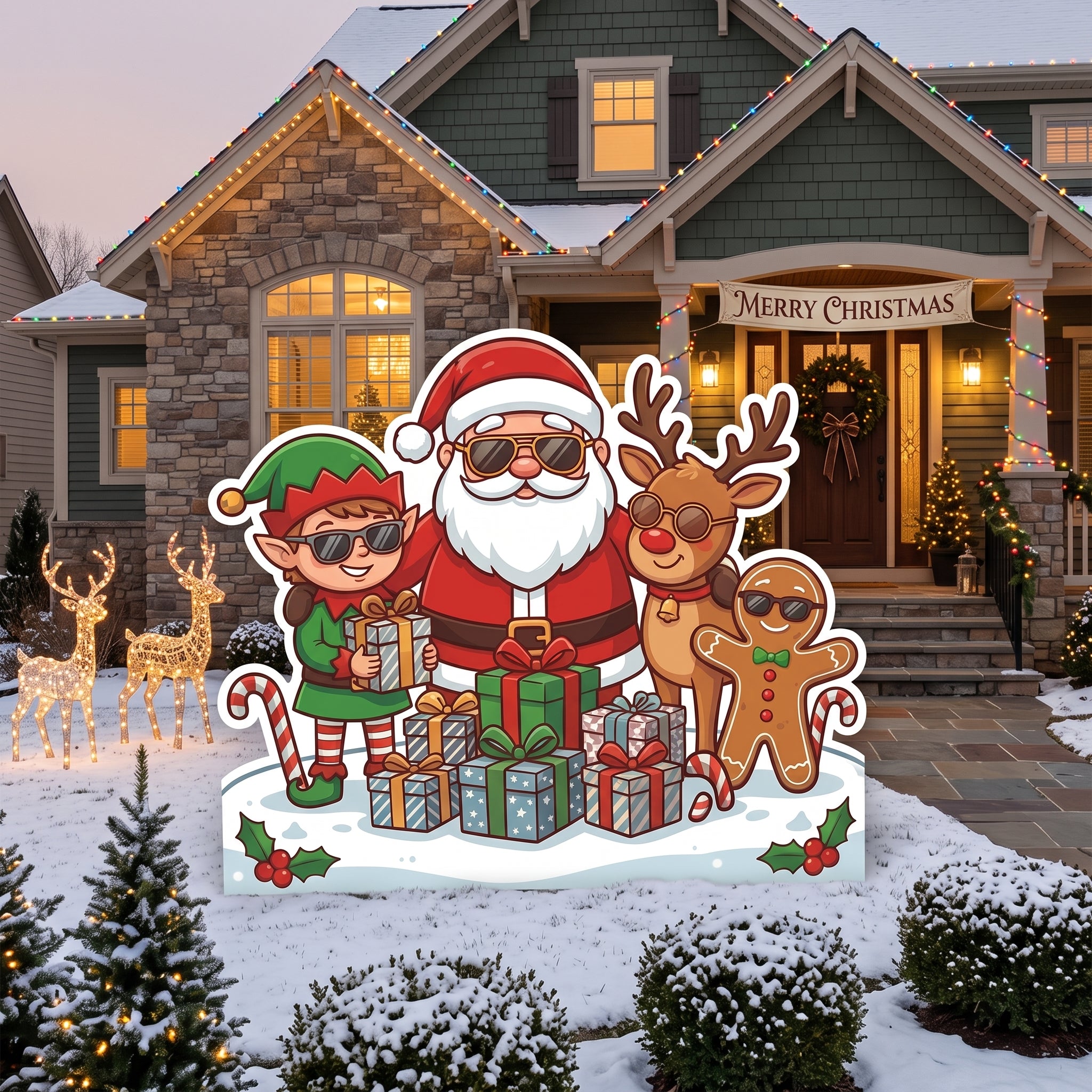 Life Size Cool Santa Elf Reindeer Gingerbread Man with Sunglasses Character Premium Freestanding Christmas Cutouts Yard Sign Decor Party Prop