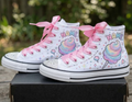 Custom Cotton Candy High-Top Sneakers Shoes Personalized with Name, Ribbon Laces & Rhinestones Birthday Parties Everyday Gift