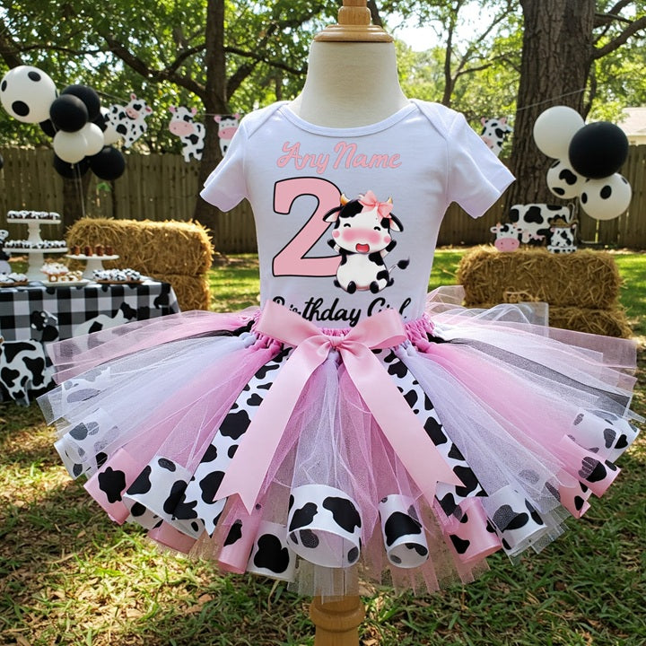 Cute little Cow Farm Barn Animal Tutu Set Girls Personalized Custom Pink White Ribbon Sewn Trim Tutu Outfit Dress Theme Cake Smash Birthday Party