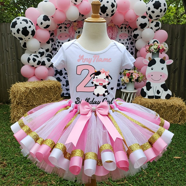 Cute little Cow Farm Barn Animal Tutu Set Girls Personalized Custom Pink White Gold Ribbon Sewn Trim Tutu Outfit Dress Theme Cake Smash Birthday Party