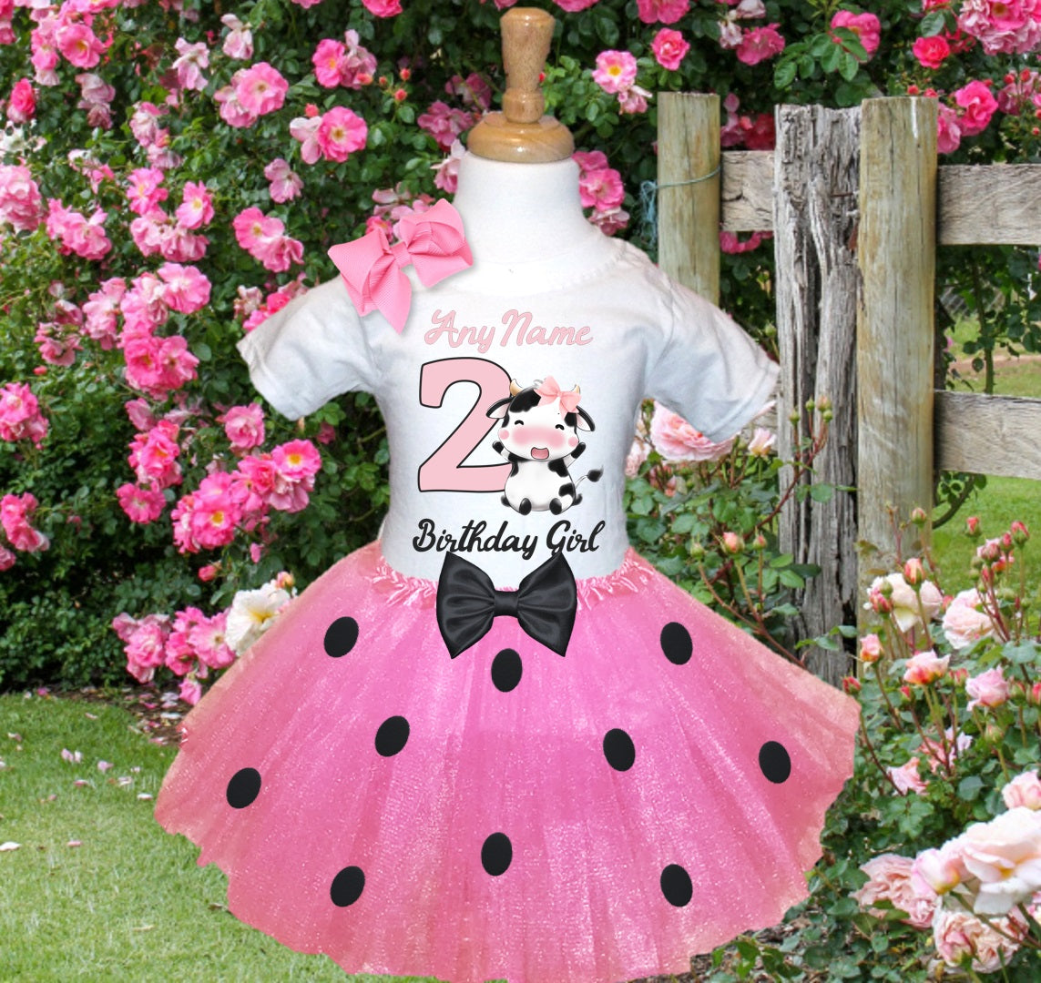 Cute little Cow Farm Barn Animal Tutu Set Girls Personalized Custom Pink Black Polka Dots Tutu Outfit Dress Theme Cake Smash Birthday Party