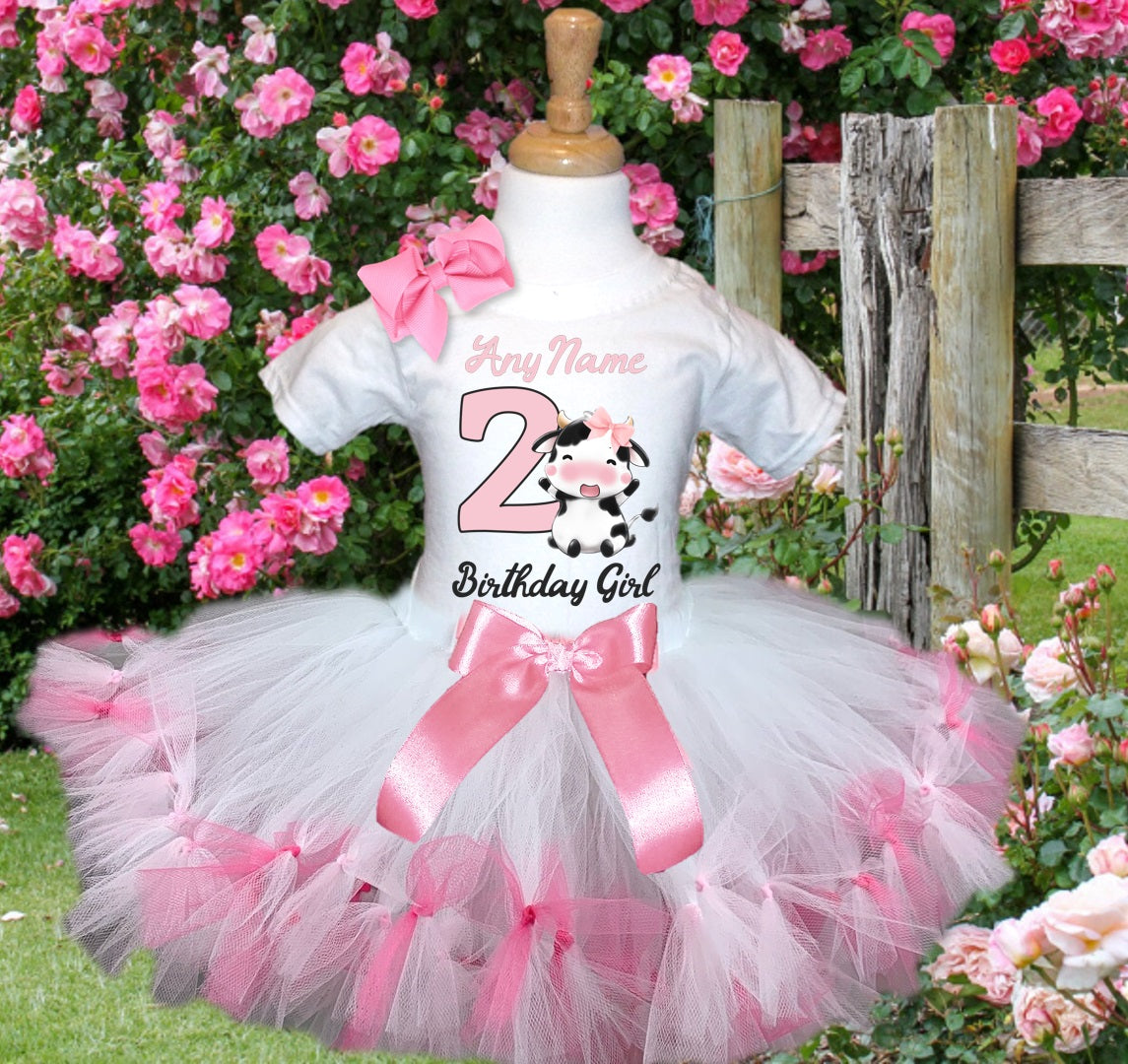 Cute little Cow Farm Barn Animal Tutu Set Girls Personalized Custom White Pink Knots Tutu Outfit Dress Theme Cake Smash Birthday Party