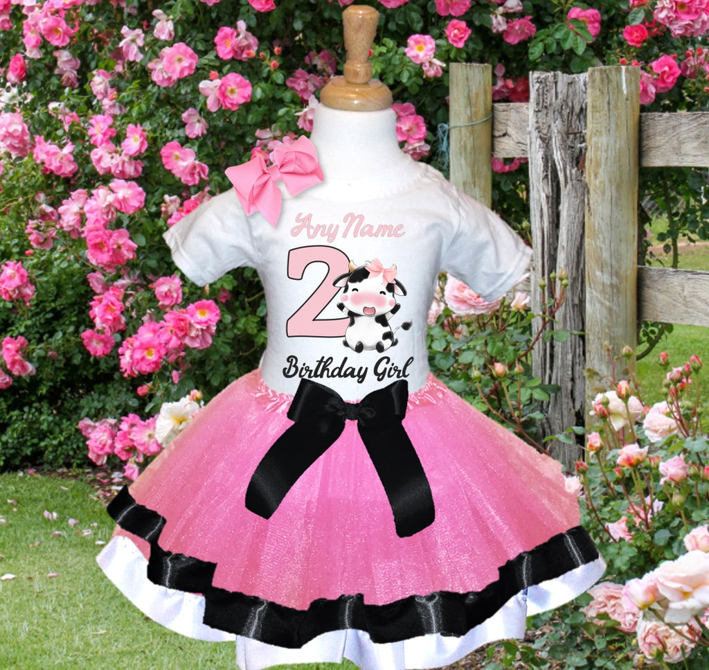 Cute little Cow Farm Barn Animal Tutu Set Girls Personalized Custom Pink Black White Ribbon Trim Tutu Outfit Dress Theme Cake Smash Birthday Party