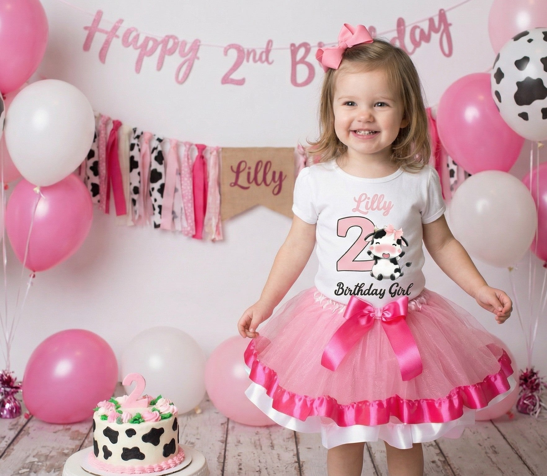 Cute little Cow Farm Barn Animal Tutu Set Girls Personalized Custom Pink Hot Pink White Ribbon Trim Tutu Outfit Dress Theme Cake Smash Birthday Party