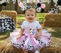 Cute little Cow Farm Barn Animal Tutu Set Girls Personalized Custom Pink White Ribbon Sewn Trim Tutu Outfit Dress Theme Cake Smash Birthday Party