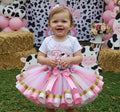 Cute little Cow Farm Barn Animal Tutu Set Girls Personalized Custom Pink White Gold Ribbon Sewn Trim Tutu Outfit Dress Theme Cake Smash Birthday Party