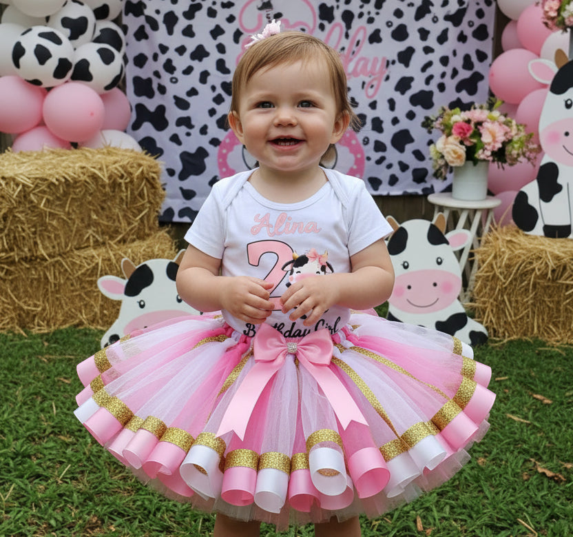 Cute little Cow Farm Barn Animal Tutu Set Girls Personalized Custom Pink White Gold Ribbon Sewn Trim Tutu Outfit Dress Theme Cake Smash Birthday Party