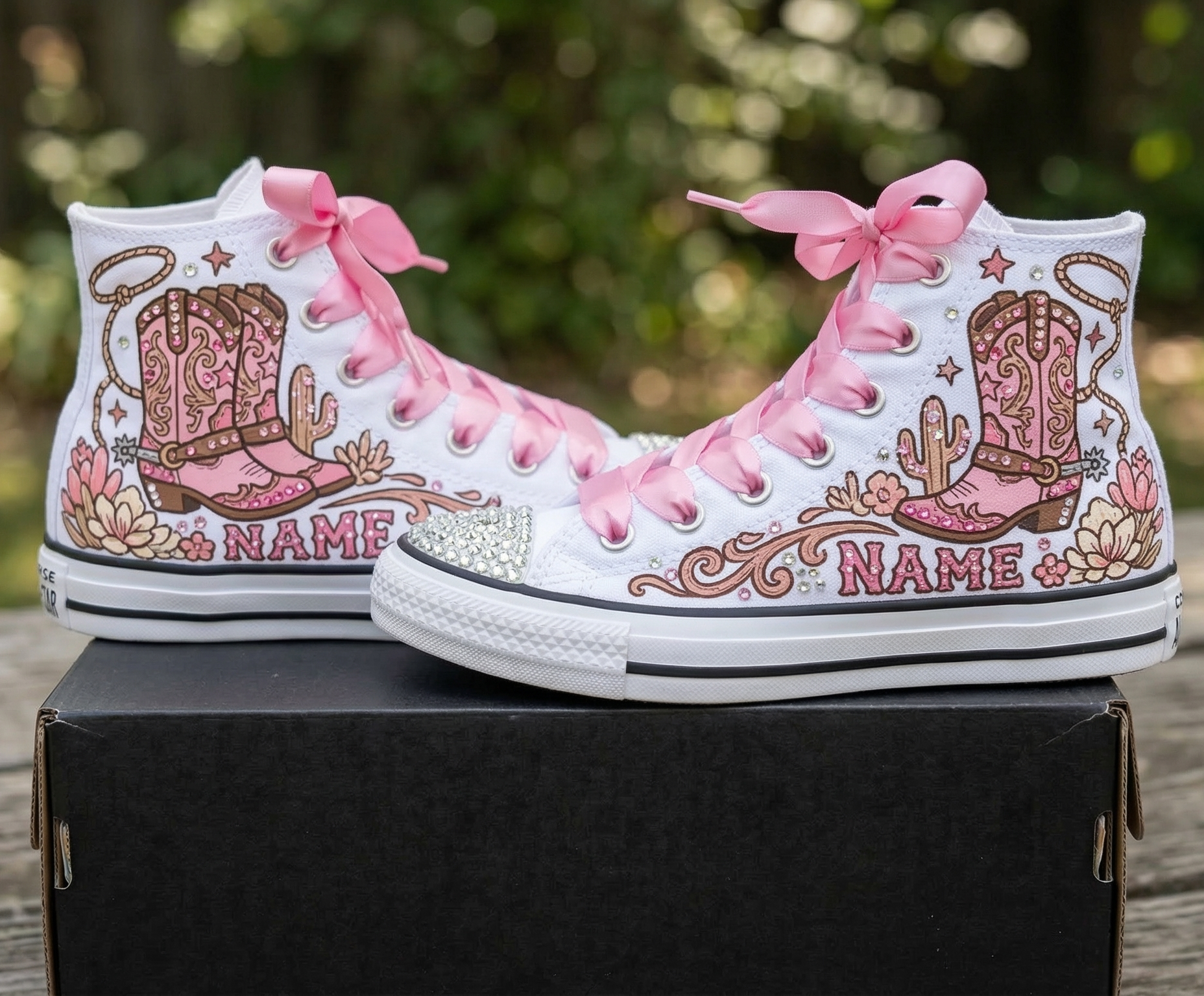 Custom Cowgirl Boots Rodeo High-Top Sneakers Shoes Personalized with Name, Ribbon Laces & Rhinestones Birthday Parties Everyday Gift