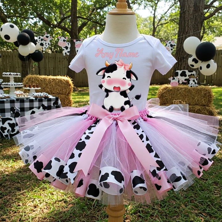 Cute little Cow Farm Barn Animal Tutu Set Girls Personalized Custom Pink White Ribbon Sewn Trim Tutu Outfit Dress Theme Cake Smash Party