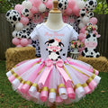 Cute little Cow Farm Barn Animal Tutu Set Girls Personalized Custom Pink White Gold Ribbon Sewn Trim Tutu Outfit Dress Theme Cake Smash Party