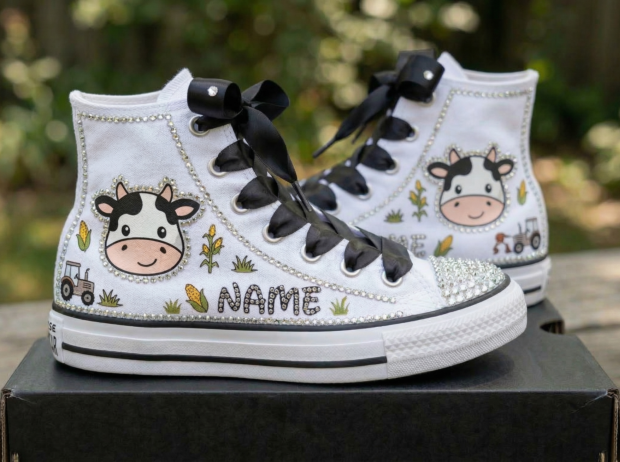 Custom Cute Cow Face High-Top Sneakers Shoes Personalized with Name, Ribbon Laces & Rhinestones Birthday Parties Everyday Gift