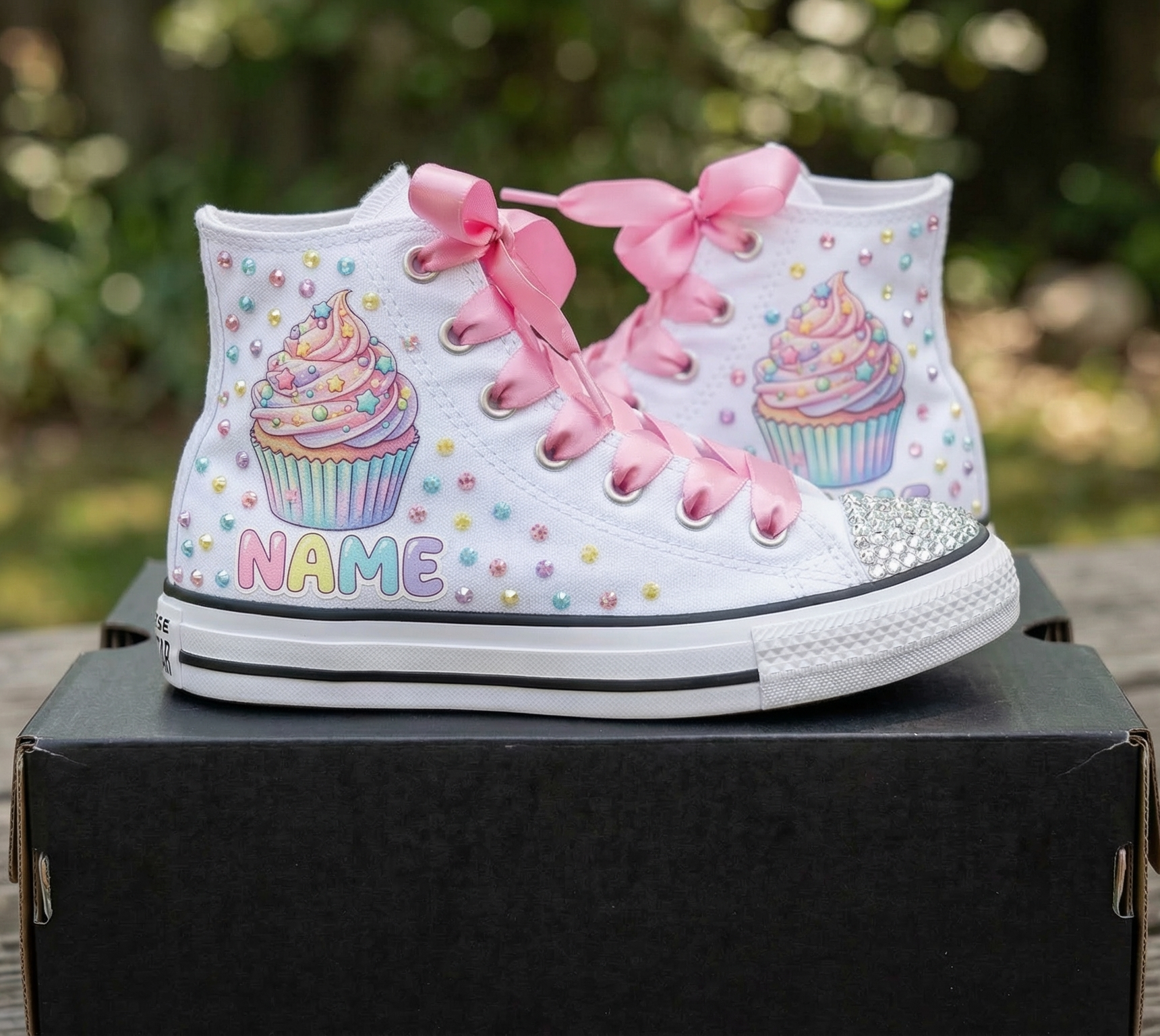 Custom Sweet Cupcake High-Top Sneakers Shoes Personalized with Name, Ribbon Laces & Rhinestones Birthday Parties Everyday Gift