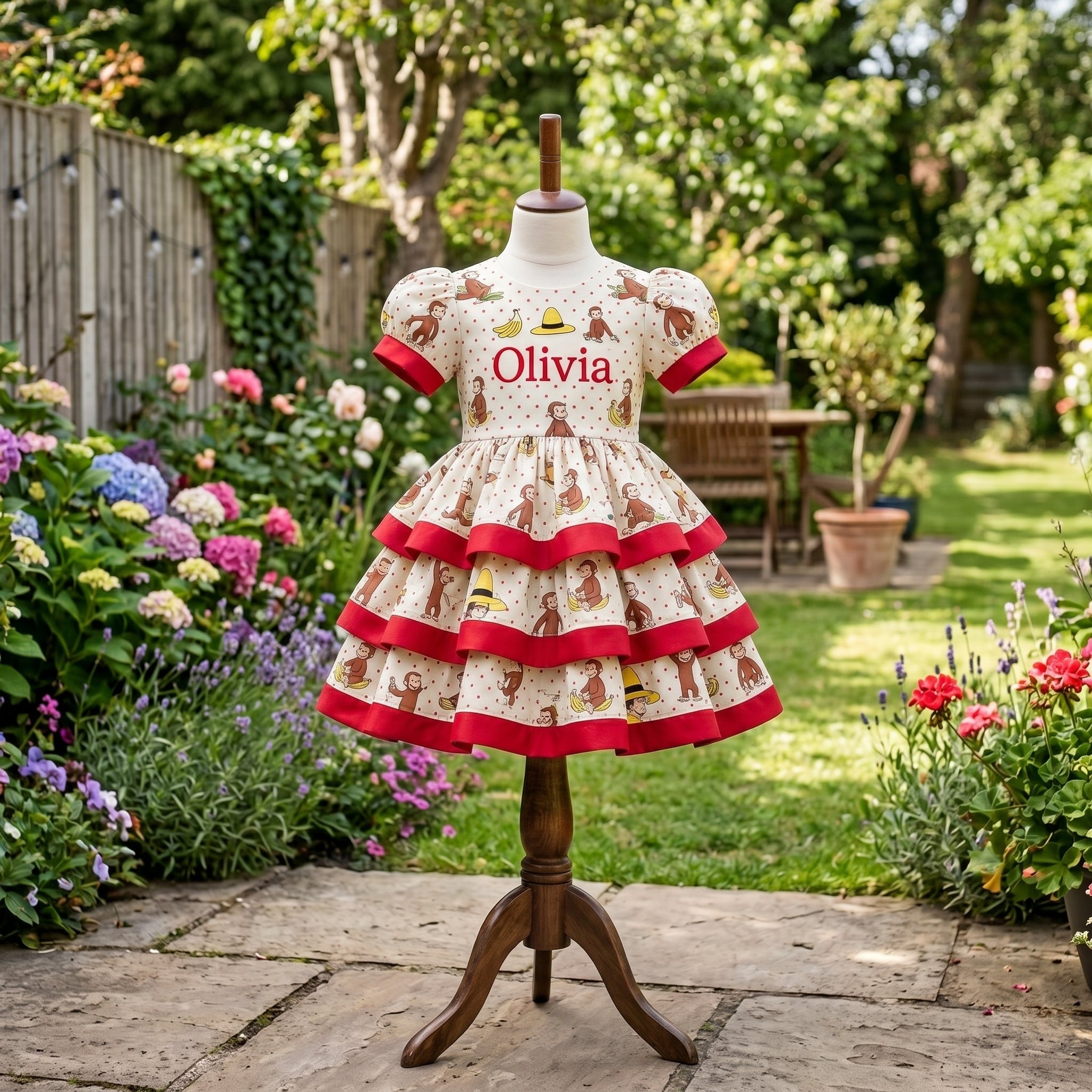 Curious George Girls Personalized Custom Tiered Ruffle Dress Ribbon Trim Theme Cake Smash Birthday Party