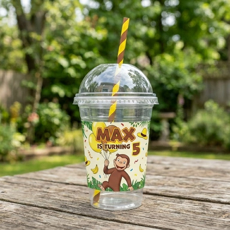 (Pack of 6) Curious George Custom Personalized Birthday Party 16 oz Cups with Dome Lids & Straws