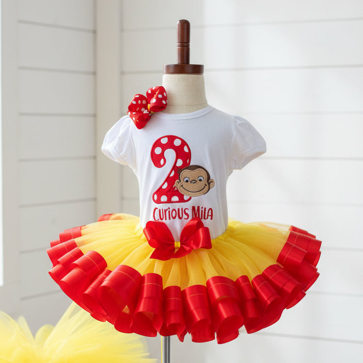 Curious George Face Monkey Tutu Set Girls Personalized Custom Yellow Red Ribbon Sewn Trim Tutu Outfit Dress Theme Cake Smash Birthday Party
