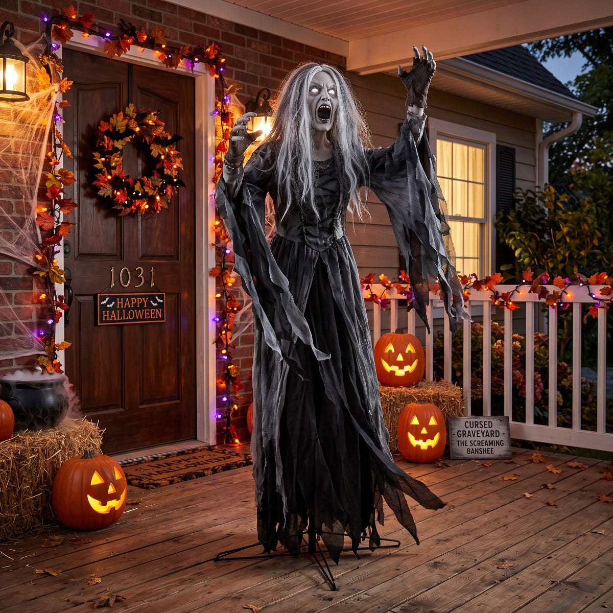 6' Animated Cursed Graveyard / Mausoleum Screaming Banshee Figure Music Lights Motion Sensor Halloween Home Decor Accent Yard Prop