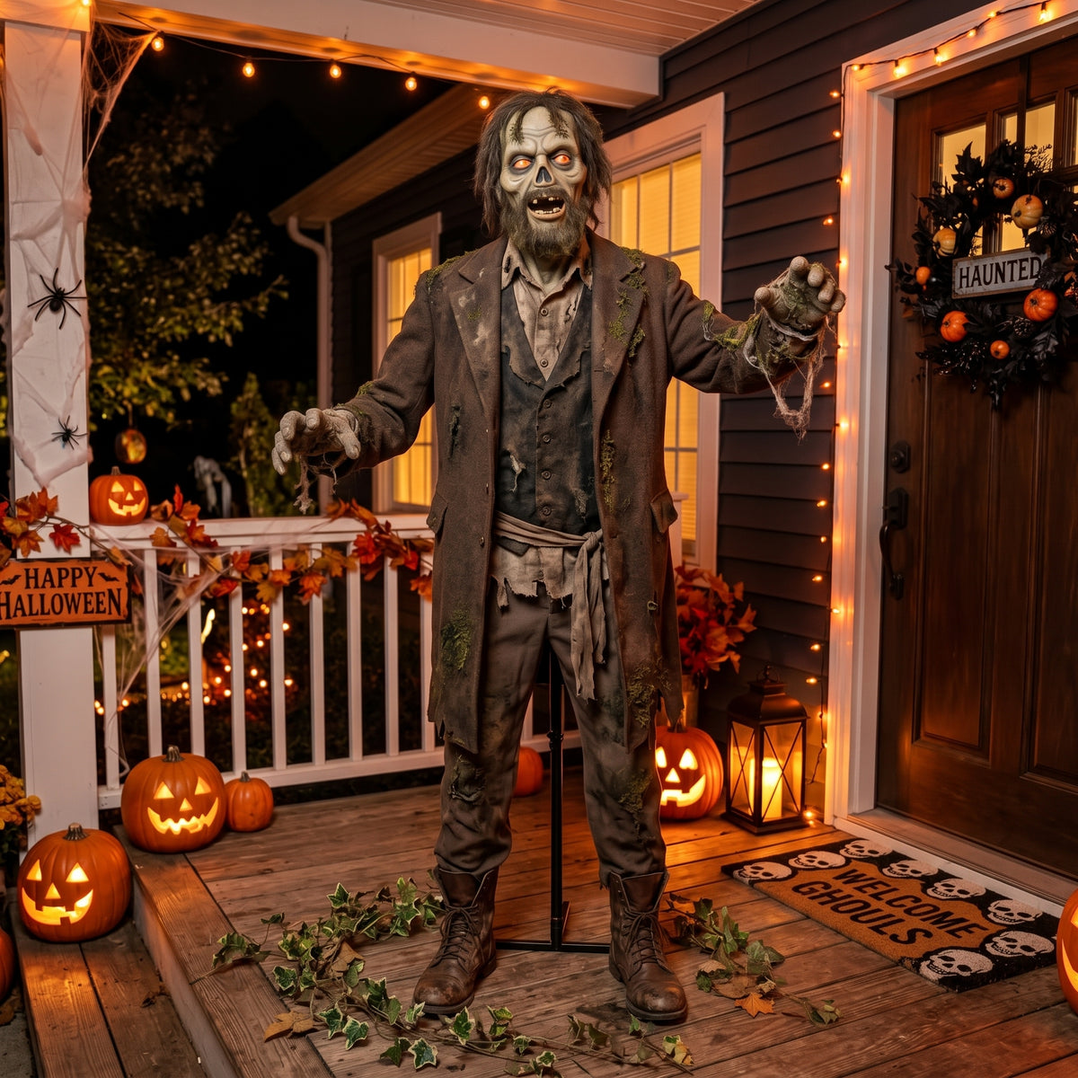 6' Animated Cursed Graveyard / Mausoleum Risen Zombie Figure Music Lights Motion Sensor Halloween Home Decor Accent Yard Prop