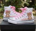 Custom Cute Bear High-Top Sneakers Shoes Personalized with Name, Ribbon Laces & Rhinestones Birthday Parties Everyday Gift