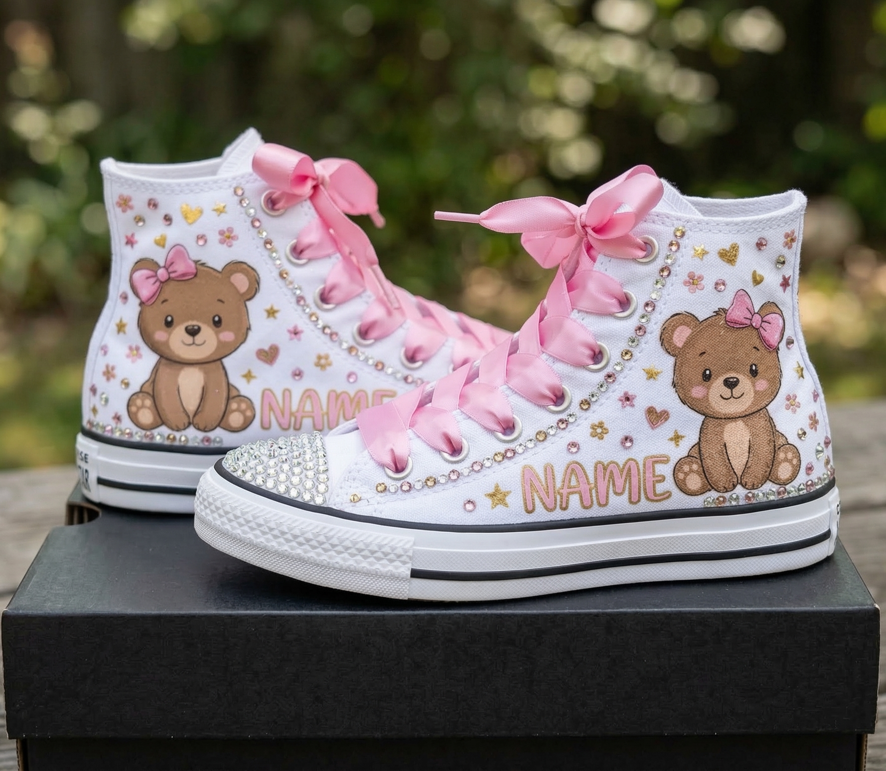 Custom Cute Bear High-Top Sneakers Shoes Personalized with Name, Ribbon Laces & Rhinestones Birthday Parties Everyday Gift