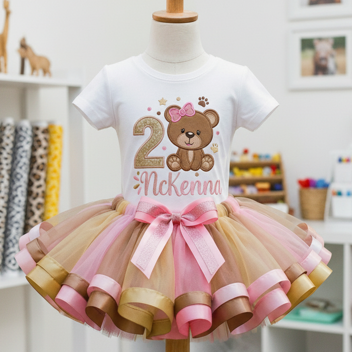 Cute Brown Teddy Bear Birthday Custom Girls Tutu Outfit Personalized Dress Set