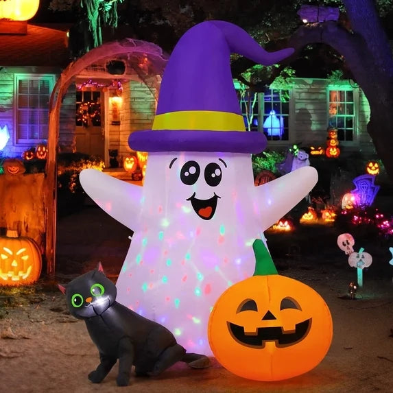 5' Cute Ghost with Rotating Lights and Black Cat and Pumpkin Yard Halloween Inflatable Blow Up Decor Prop