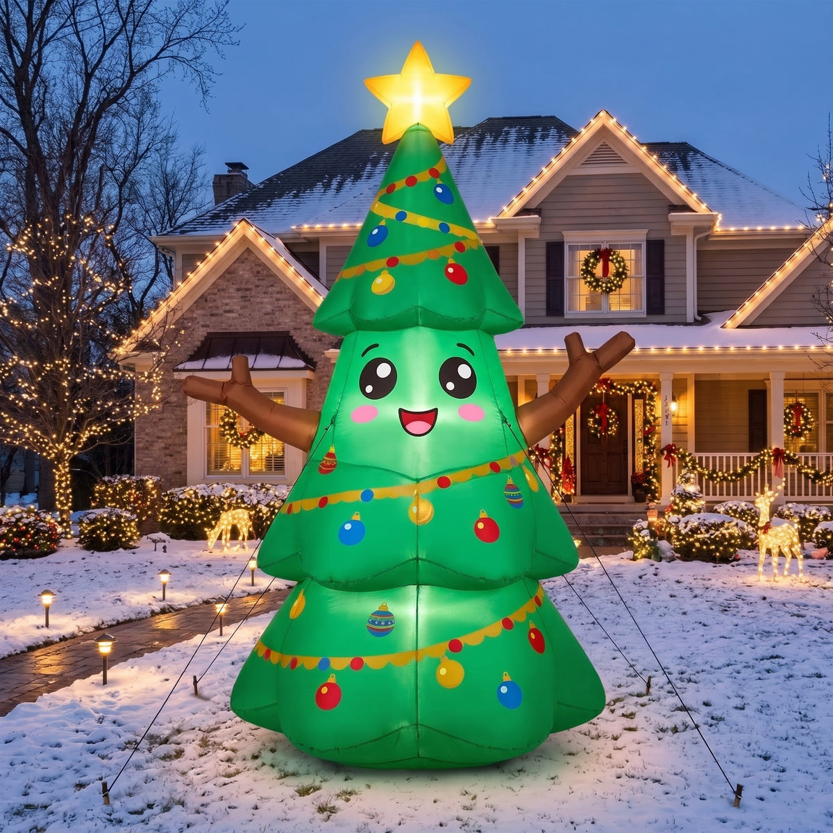 10-Foot Giant Outdoor Cute Christmas Tree Inflatable with LED Illumination Christmas Blow Up Yard Decor