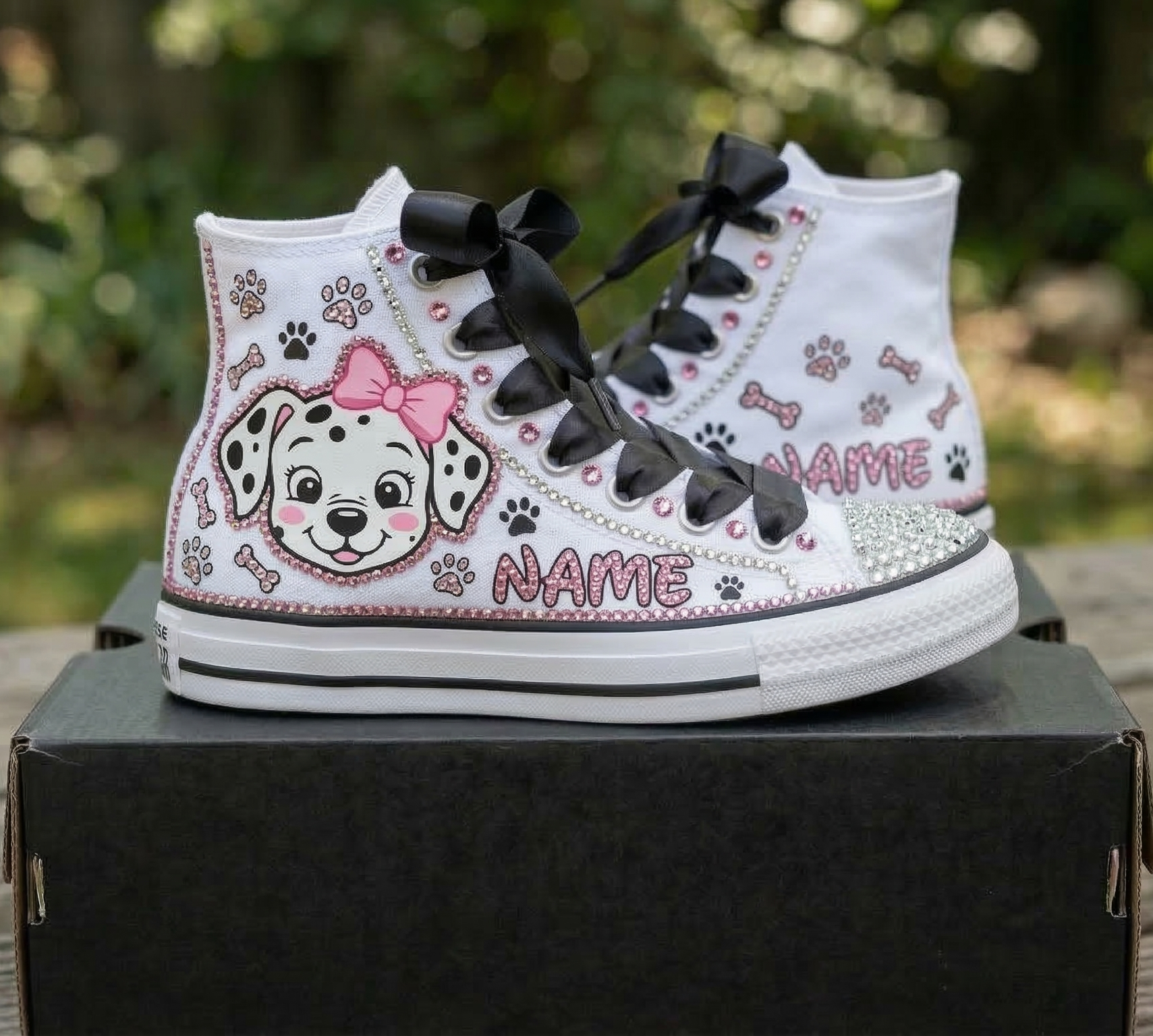 Custom Cute Dalmatian Puppy Face High-Top Sneakers Shoes Personalized with Name, Ribbon Laces & Rhinestones Birthday Parties Everyday Gift