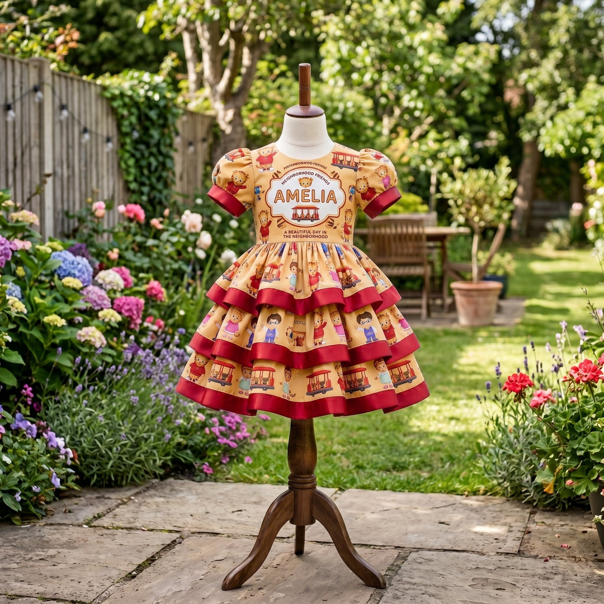 Daniel Tiger Girls Personalized Custom Tiered Ruffle Dress Ribbon Trim Theme Cake Smash Birthday Party