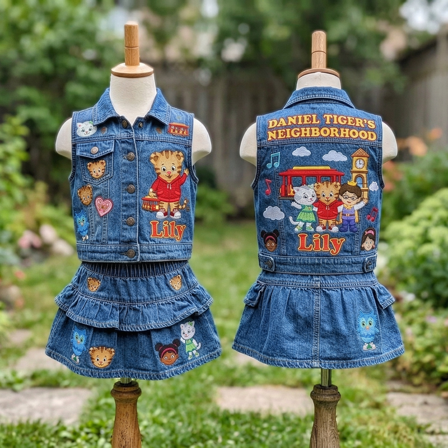 Personalized Custom Name Daniel Tiger Denim Vest & Skirt Set Birthday Party Cake Smash Gift