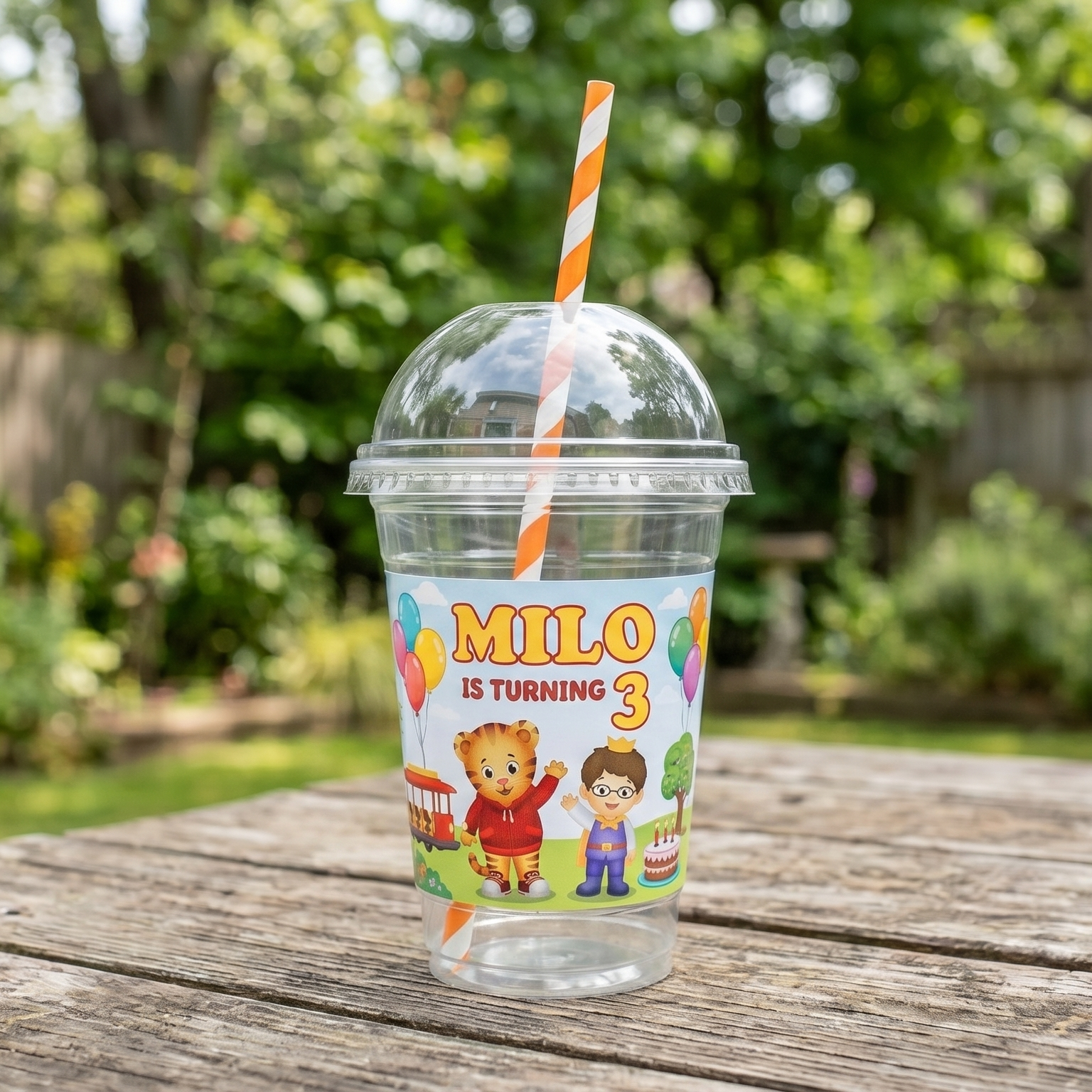 (Pack of 6) Daniel Tiger Custom Personalized Birthday Party 16 oz Cups with Dome Lids & Straws