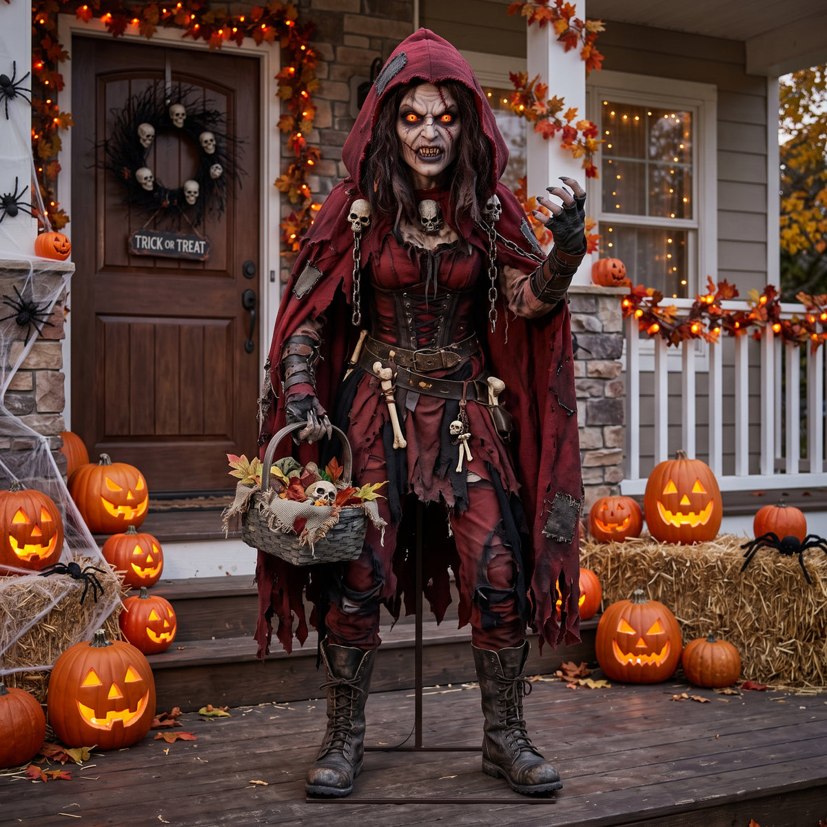 6' Twisted Wonderland / Dark Fairy Tales Red Hooded Girl Figure Music Lights Motion Sensor Halloween Home Decor Accent Yard Prop