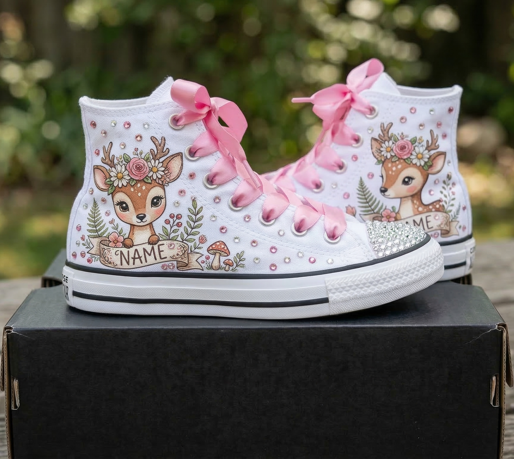 Custom Woodland Deer High-Top Sneakers Shoes Personalized with Name, Ribbon Laces & Rhinestones Birthday Parties Everyday Gift
