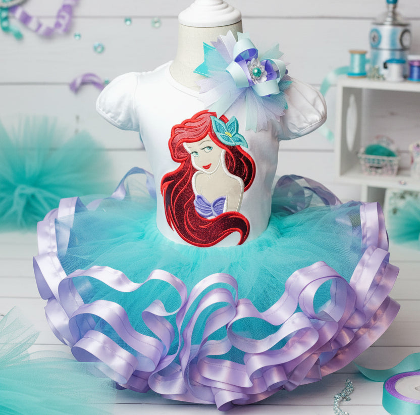 Princess Ariel Mermaid Face Tutu Set Girls Personalized Custom Blue Light Purple Ribbon Sewn Trim Tutu Outfit Dress Theme Cake Smash Birthday Party