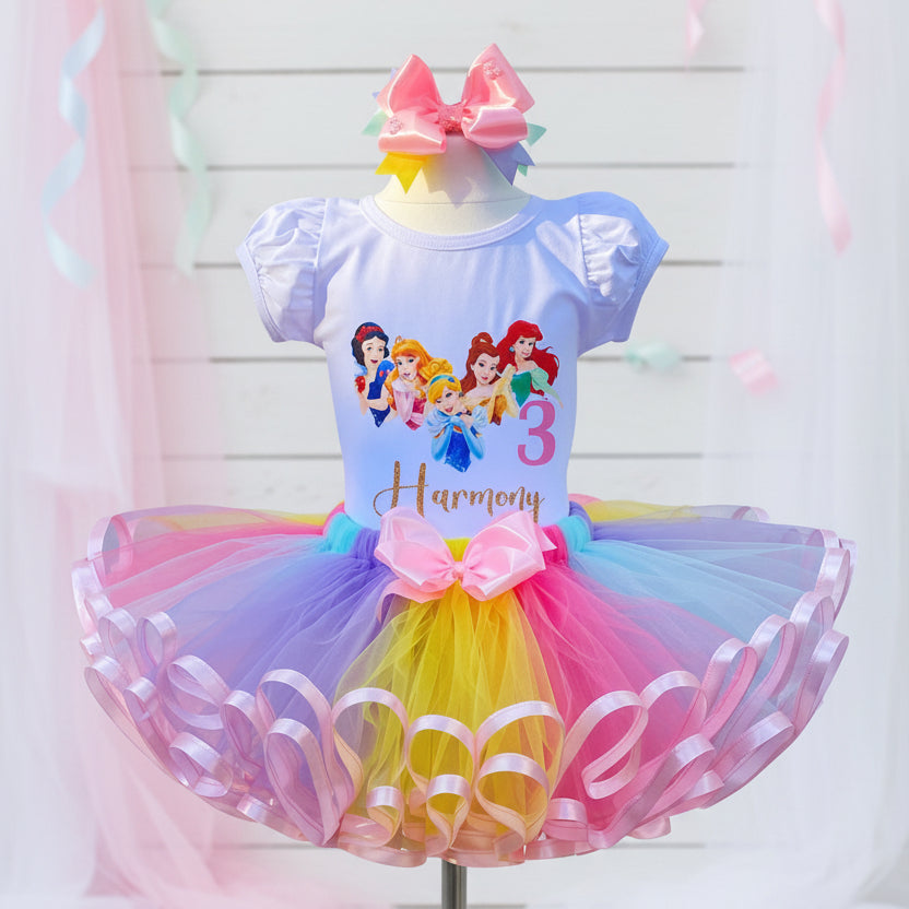 Princesses Faces Tutu Set Girls Personalized Custom Multicolor Ribbon Sewn Trim Tutu Outfit Dress Theme Cake Smash Birthday Party