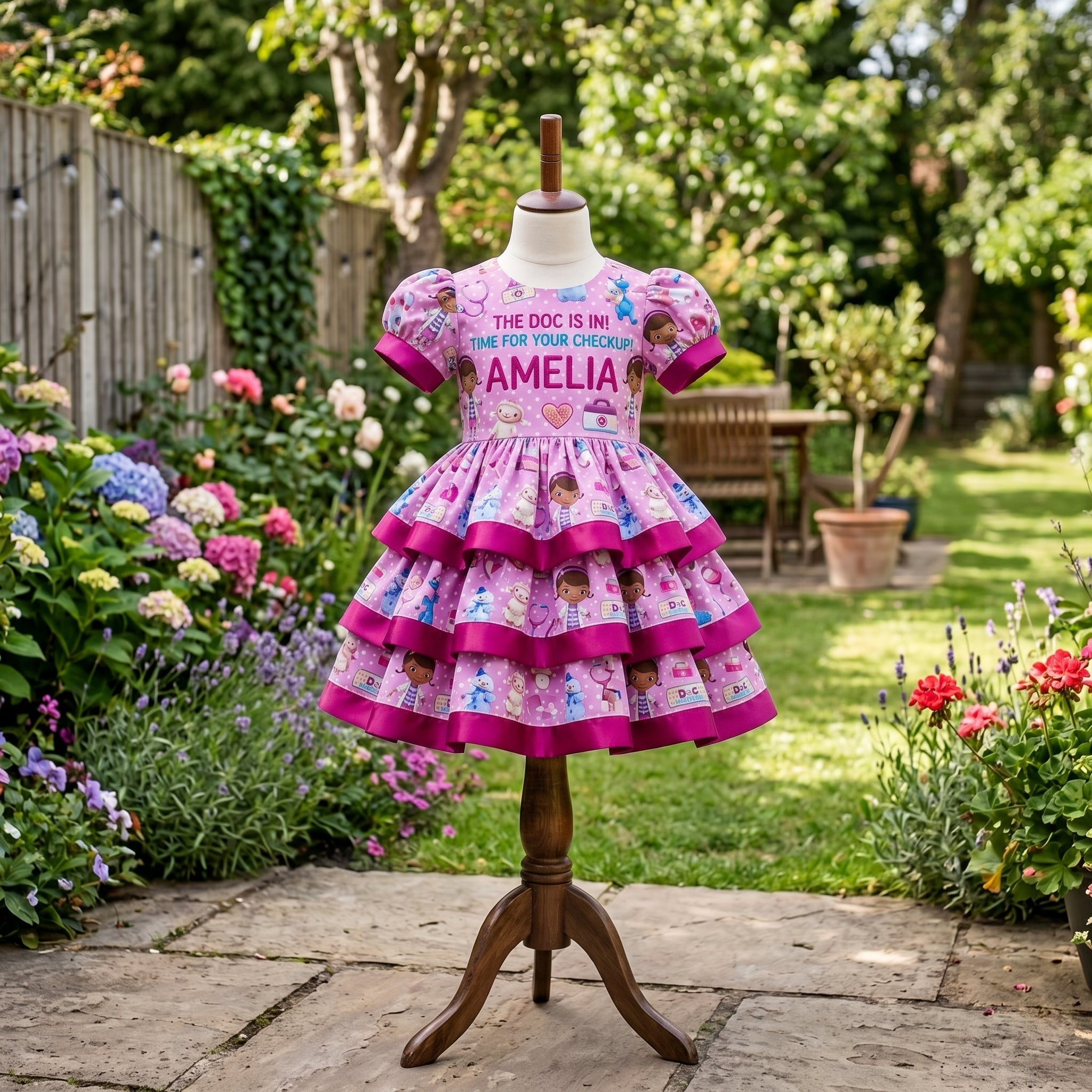Doc McStuffins Girls Personalized Custom Tiered Ruffle Dress Ribbon Trim Theme Cake Smash Birthday Party
