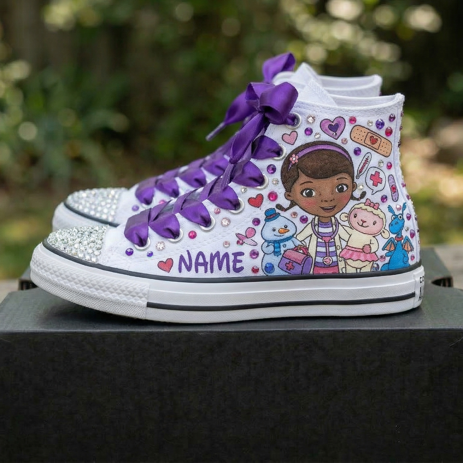 Custom Doc McStuffins High-Top Sneakers Shoes Personalized with Name, Ribbon Laces & Rhinestones Birthday Parties Everyday Gift
